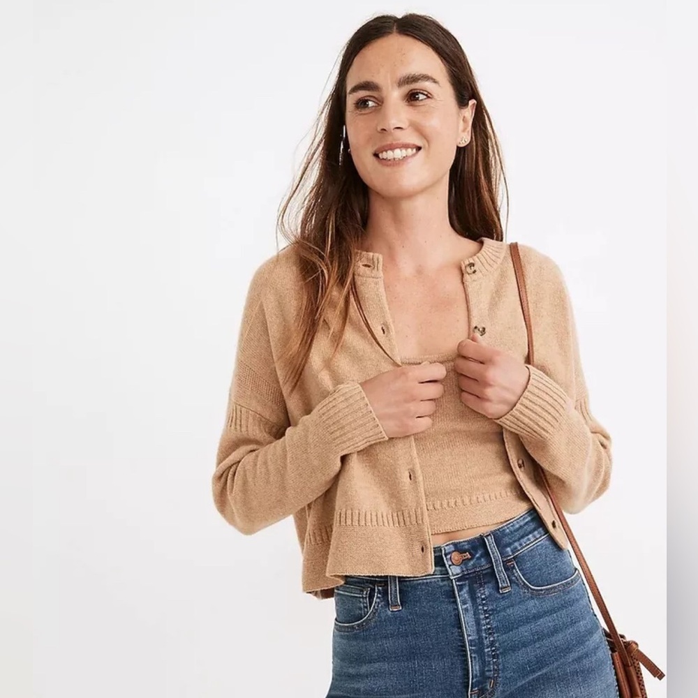 MADEWELL Clemence Cropped Cardigan Sweater in Heather Camel Sz S EUC